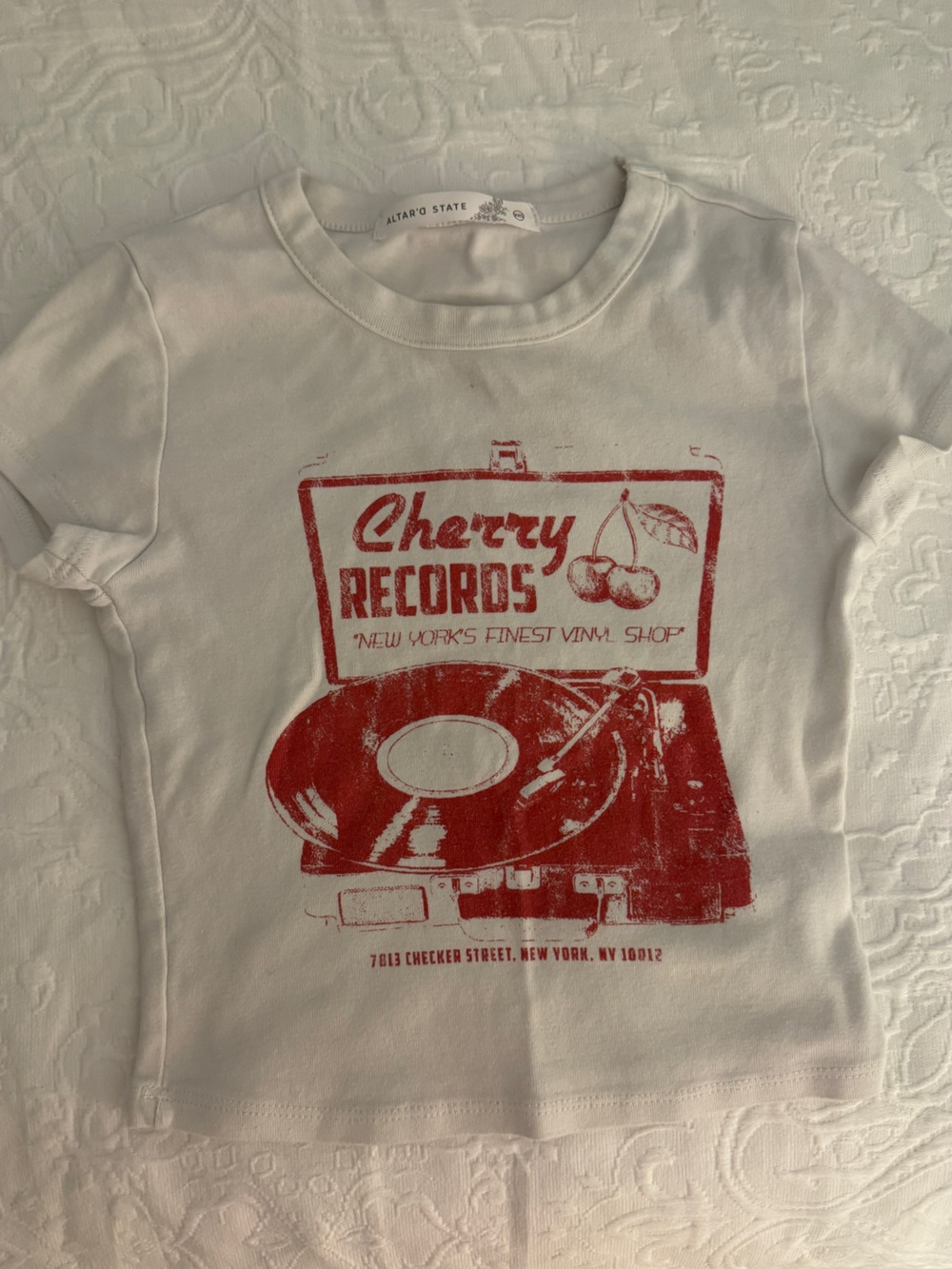 Altar'd State White Tee with Red Cherry Records Graphic